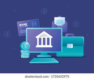 concept of bank online with computer desktop and icons vector illustration design