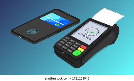 The concept of a bank pos terminal for paying for services using a card, phone, including contactless payment. Acquiring. Vector isometric 3d illustration, on a blue background.