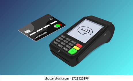 The concept of a bank pos terminal for paying for services using a card, phone, including contactless payment. Acquiring. Vector isometric 3d illustration, on a blue background.