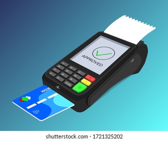 The concept of a bank pos terminal for paying for services using a card, phone, including contactless payment. Acquiring. Vector isometric 3d illustration, on a blue background.