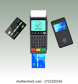 The Concept Of A Bank Pos Terminal For Paying For Services Using A Card, Phone, Including Contactless Payment. Acquiring. Vector Illustration On A Gray Background.