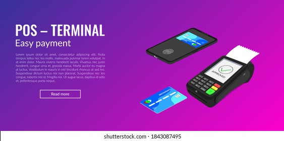 The concept of a bank pos terminal for paying for services using a card, phone, including contactless payment. Acquiring. Vector banner isometric 3d illustration, on a blue background. Copyspace.