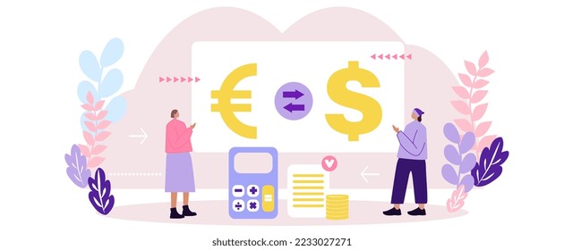  Concepto de banca, cambio de divisas. Ilustración vectorial en diseño plano para banner web, aplicación móvil