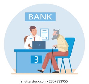 Concept of banking. Customer with banking specialist. Young guy in suit with his grandfather. Transfers and transactions of money, savings and finance. Cartoon flat vector illustration