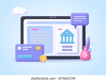 Concept of Banking Operation. Financial transactions, payments, online banking, money transfers and bank account. 3d vector illustration.\n 