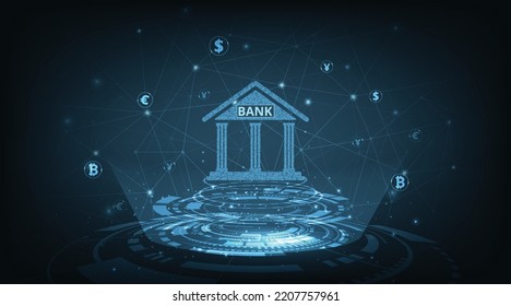 Concept of Banking Technology.Isometric illustration of bank on technology circuit lines background.Digital connect system.Financial technology concept.Vector illustration.EPS 10.