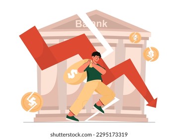 Concept of bankruptcy. Man with bag of money walks against background of broken building with arrow going down. Economic crisis, recession and inflation. Cartoon flat vector illustration