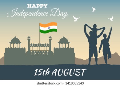 Concept banner of 15th August India Happy Independence Day. Vector silhouette of the Red Fort (Lal Kila) in Delhi and the Indian flag above it with rejoicing people. Three doves over a happy family.