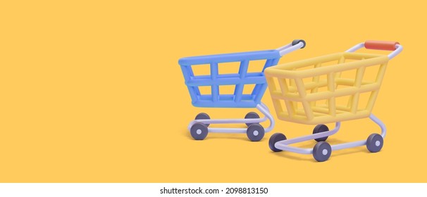 Concept banner with 3d realistic shopping cart on yellow background. Vector illustration