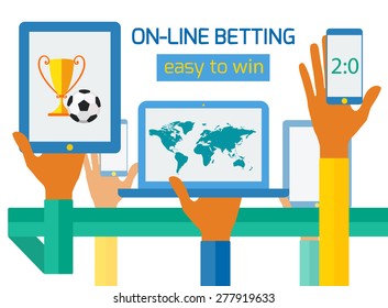 Concept for banner advertising on-line sports betting, made in flat design. Icons of hands with phone and sports icons. Vector illustration.