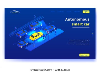 Concept banner with autonomous smart car. Smart car moves on road and scans signs and objects in the city. Vector illustration.