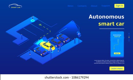 Concept banner with autonomous smart car. Smart car moves to woman with smartphone on parking in the city. Vector illustration.