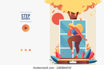 Concept banner or booklet template with young woman doing step aerobics. Greenery, tree, window and platform for healthe lifestyle in vibrant pastel gradients