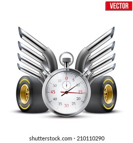 Concept banner Car racing and championship. Stopwatch and tubes in form wings. Editable Vector Illustration.