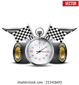 Concept banner Car racing and championship. Stopwatch and tubes in form wings. Editable Vector Illustration.