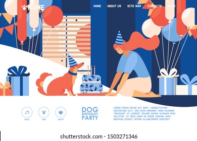 Concept banner for celebration happy birthday of dog or puppy. Colorful interior with gifts and balloons, owner and pet sitting near cake with candles