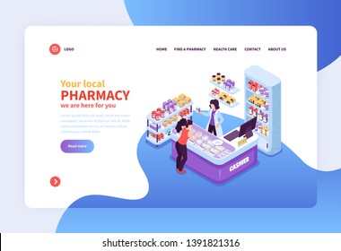 Concept banner with customer and cashier workplace in local pharmacy 3d isometric vector illustration