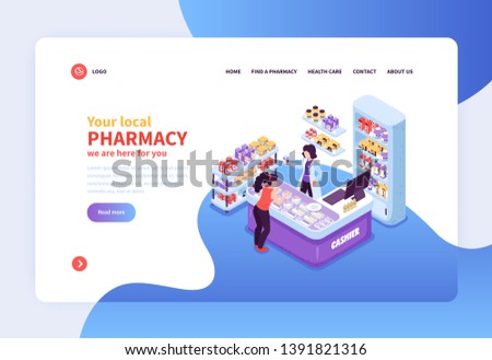 Concept banner with customer and cashier workplace in local pharmacy 3d isometric vector illustration