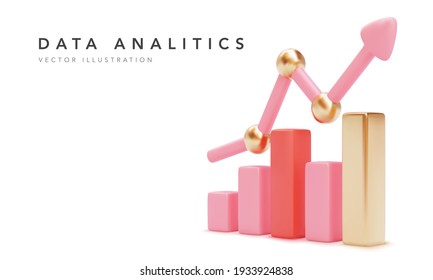 Concept Banner Data Analics. Business Graph. Growth Progress Pink Arrow. Vector Illustration