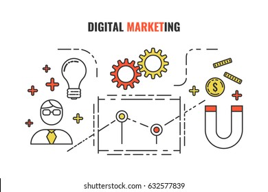 Concept banner of digital marketing with graphics money coin businessman gears mechanism thin vector flat banner