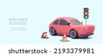 Concept banner for driving school with 3d realistic red car, road cones, traffic light. Vector illustration