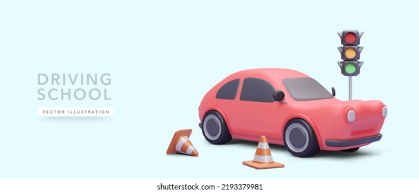 Cartel conceptual para la escuela de conducción con un coche rojo 3d realista, conos de carreteras, semáforo. Ilustración del vector
