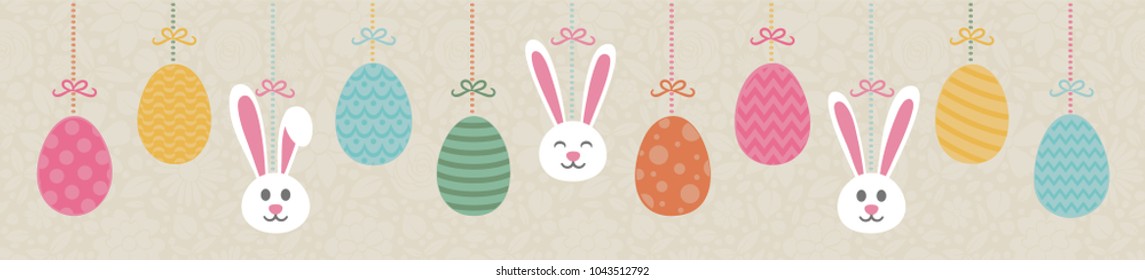 Concept of a banner for Easter with hanging decorations - bunnies and eggs. Vector.