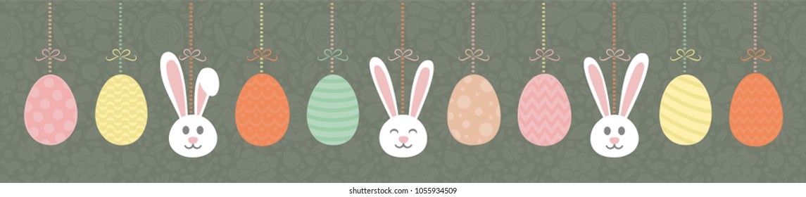 Concept of a banner for Easter with hanging decorations - bunnies and eggs. Vector.