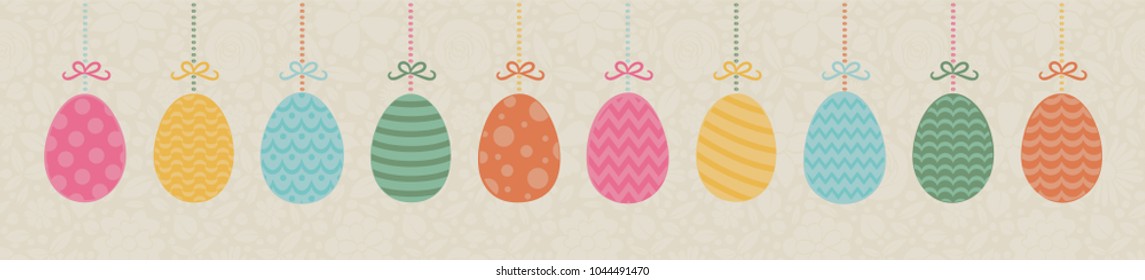 Concept of a banner for Easter with hanging hand drawn eggs. Vector.
