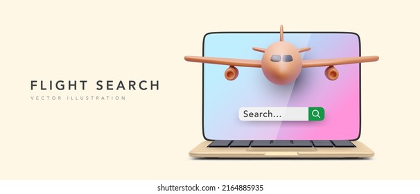 Concept banner for flight search in 3d realistic style with laptop and aircraft. Vector illustration