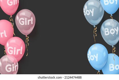 Concept for banner for gender reveal party with realistic pink and blue balloons with text boy, girl, gold ribbons. Vector illustration for card, , design, flyer, poster, banner, web, advertising. 