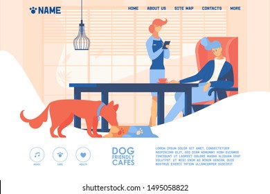 Pancarta conceptual para un café o restaurante agradable para perros dibujado con colores naranja y azul vivos. Cachorro comiendo del bol, el camarero toma el orden del cliente, interior escena en estilo plano.