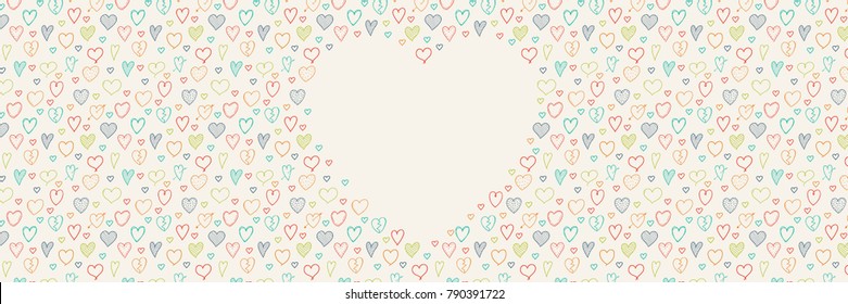 Concept of banner with hand drawn hearts and copyspace. Valentine's Day, Mother's Day or Women's Day. Vector.