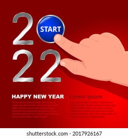 Concept banner Happy New Year 2022 on red photo. Child's hand presses the blue Start button. Design for your greeting card or party invitation 
