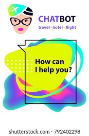Concept banner with head robot chatbot. Voice service chat bot.  Vector illustration. Virtual online travel hotel flight customer support. Sketch avatar for intelligence technology.