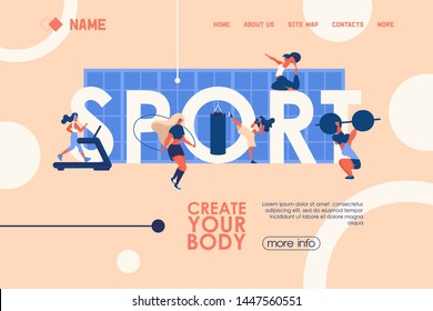 Concept banner for healthy lifestyle, gym courses and classes with large word sport and young woman training. Vector landing page template