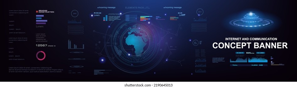 Concept banner with HUD elements. Planet earth on futuristic cyber background. Process of exchanging information and data through the global Internet. Advanced internet technologies and communications