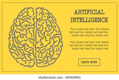 Concept banner illustration of a human brain formed out of binary code digits. Artificial intelligence hi-tech and IT themed customizable template, replace text to personalize.