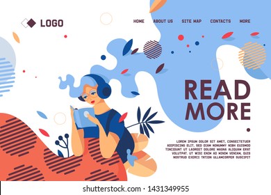 Concept banner or landing page template with young woman reading paper book.  Decorated with leaves and dots design good for library or bookstore