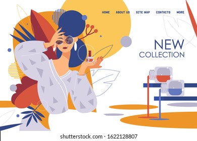 Concept banner or landing page template goof for new nail polish collection advertising. Beauty model, bottles and floral leaves