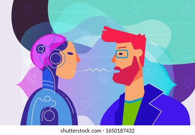 Concept banner with man using his voice to command to the robot. Robotic voice assistant concept. Trendy bright linear illustration. At home and work, everywhere