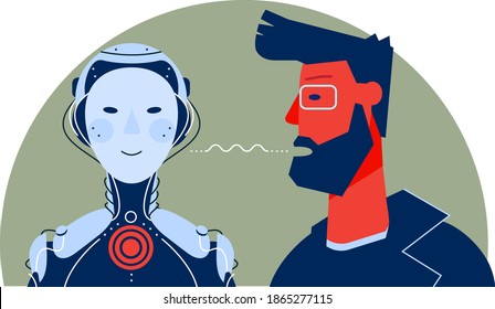 Cartel conceptual con el hombre usando su voz para mandar al robot. Concepto de asistente de voz robótico. Ilustración lineal brillante