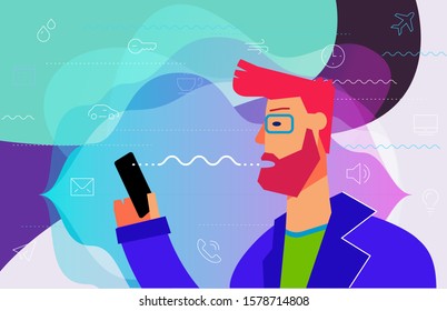 Concept banner with man using voice assistant mobile app. At home and work, everywhere