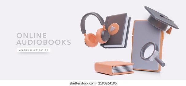 Concept banner for online audiobooks service in realistic 3d style. Vector illustration