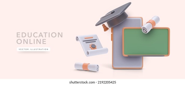 Concept banner for online education service in 3d realistic style. Vector illustration