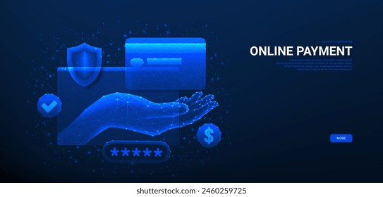 Concept banner of online payments. Online payment security transaction via credit card, digital pay service or bank concept, shopping wireless pay. Polygonal vector illustration.