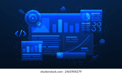 Anuncio conceptual de optimización SEO. Análisis de Web y redes sociales de marketing seo. Ilustración vectorial poligonal con información de búsqueda de análisis. Concepto de marketing de redes sociales.