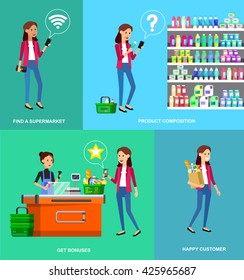 Concept banner for Shop. Vector character people in supermarket, cart, delivery, family shopping. Healthy eating and eco food