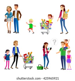 Concept banner for Shop. Vector character people in supermarket, cart, delivery, family shopping. Healthy eating and eco food