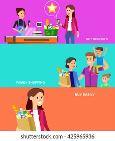 Concept banner for Shop. Vector character people in supermarket, cart, delivery, family shopping. Healthy eating and eco food